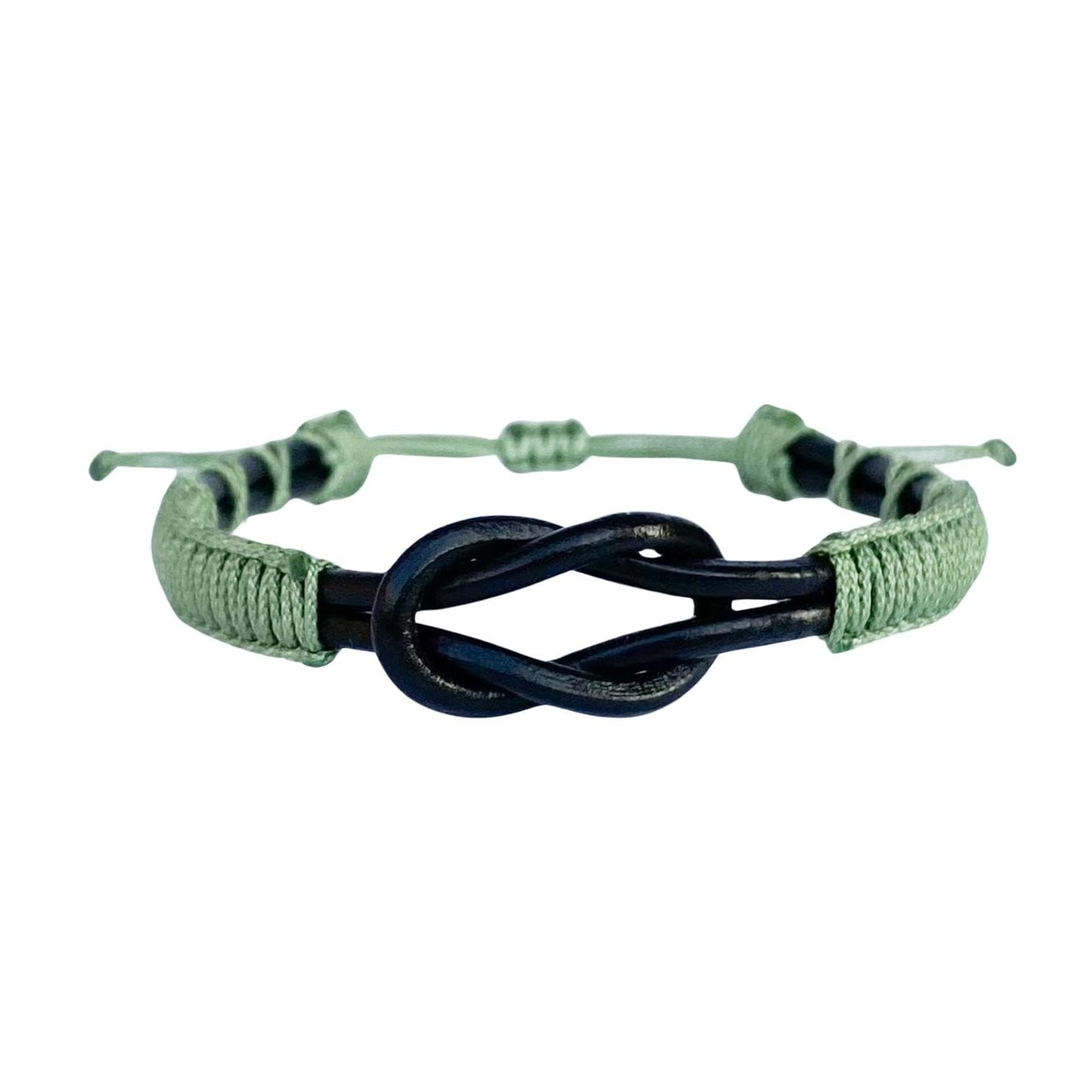 Eternal Knot Black Leather Bracelet – Green Thread