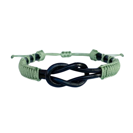 Eternal Knot Black Leather Bracelet – Green Thread