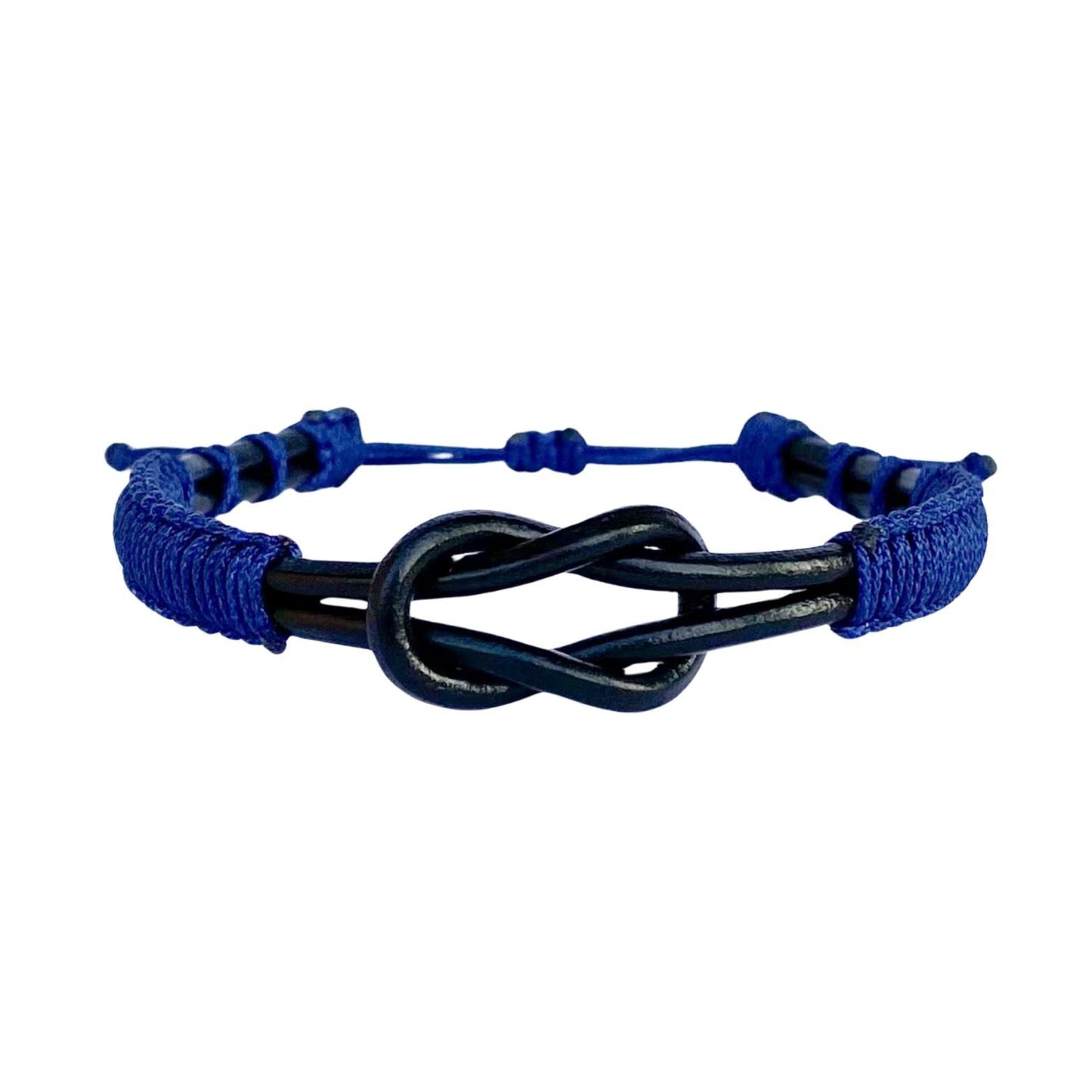 Eternal Knot Black Leather Bracelet – Blue Thread
