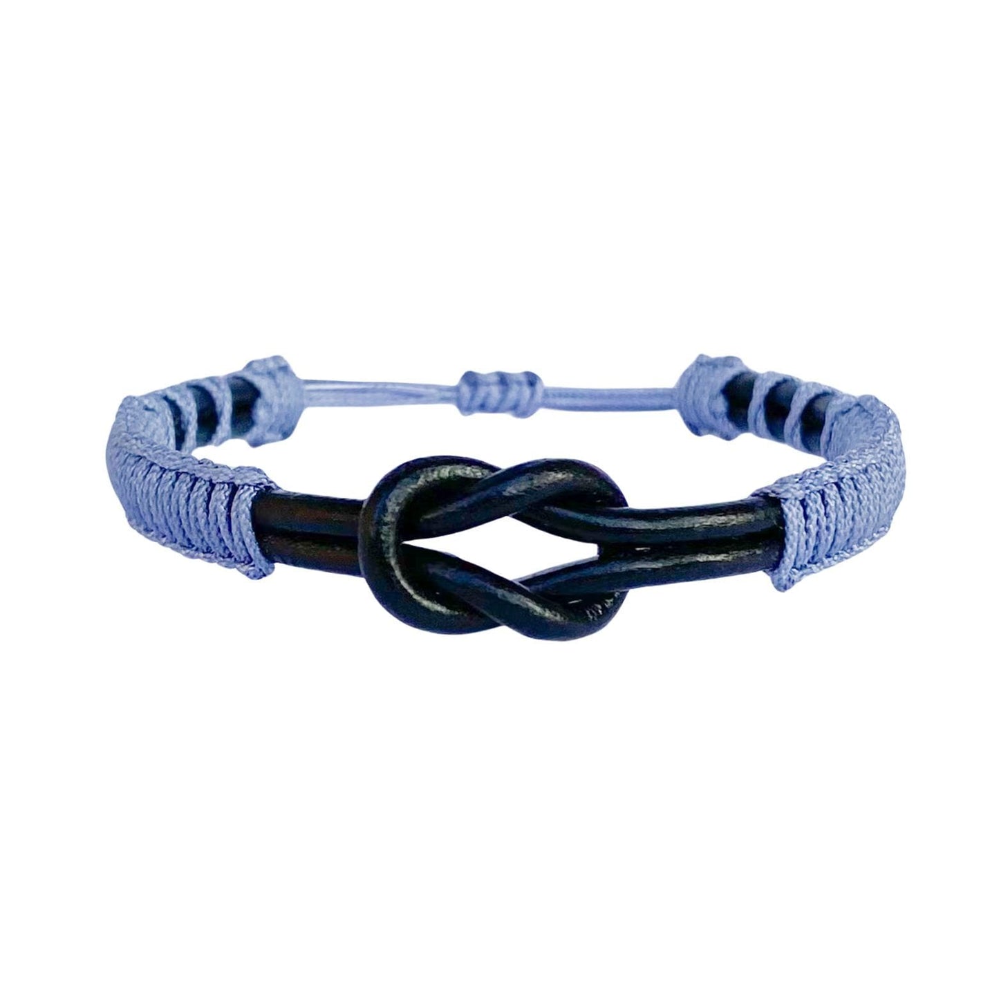 Eternal Knot Black Leather Bracelet – Sky Blue Thread