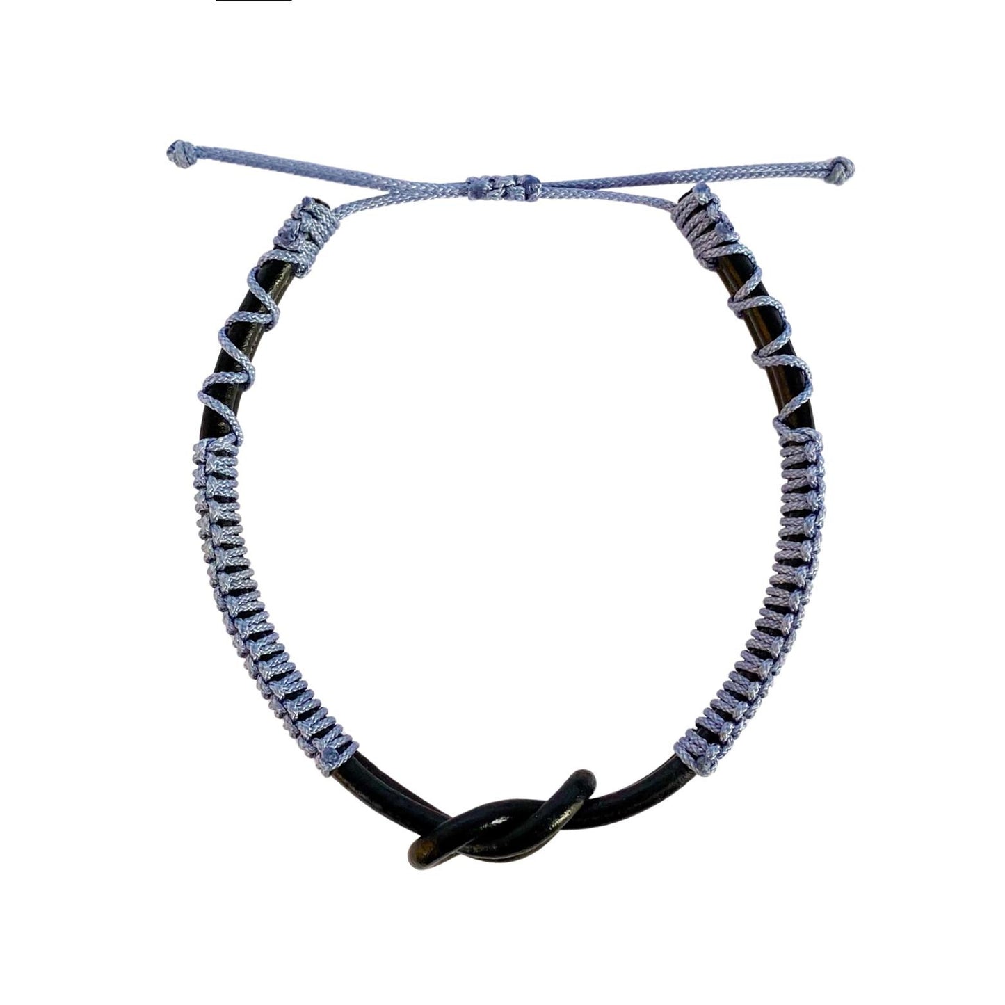 Eternal Knot Black Leather Bracelet – Sky Blue Thread