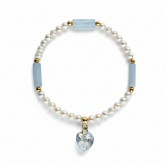 Pearl & Aquamarine Bracelet with Crystal Heart Charm